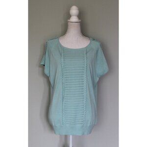 BYRON LARS Teal Blue Crochet Trim Pin Up Style Short Sleeve Sweater Top, Size XL